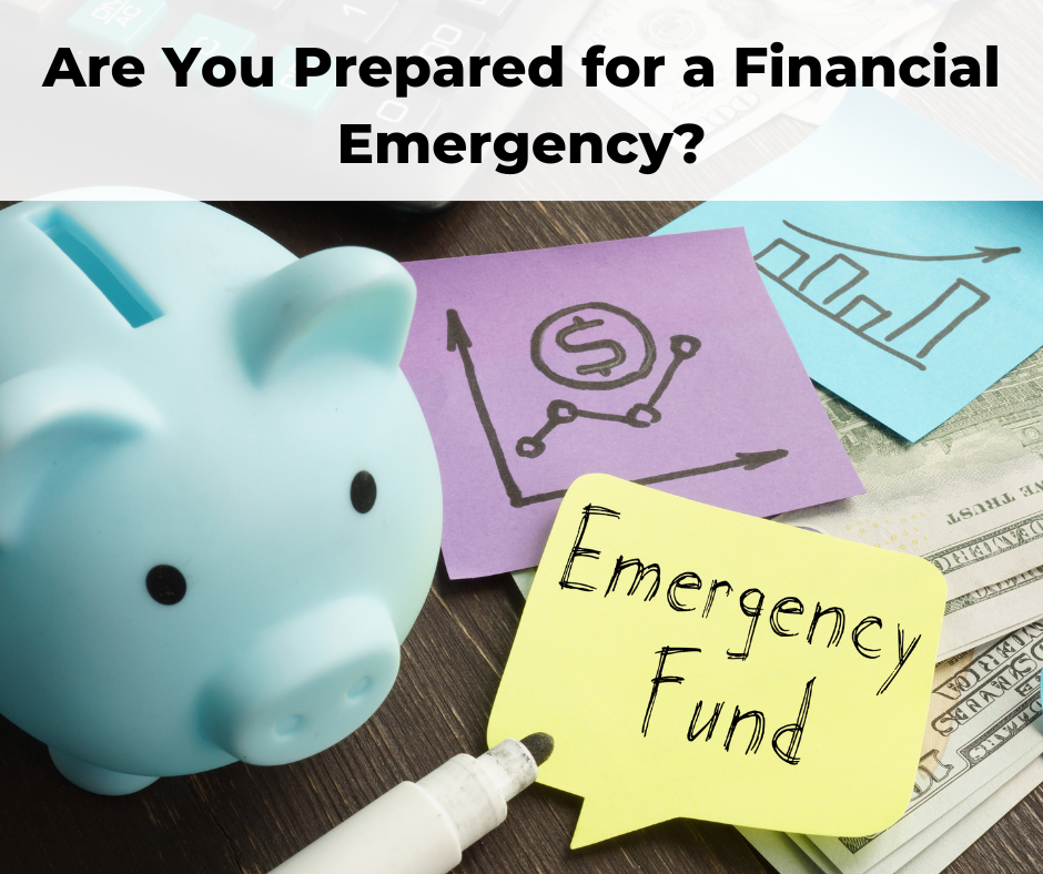 Image with blue piggy bank and sticky notes saying, "Emergency Fund".